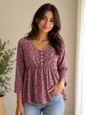 April Cornell cotton top S babydoll ruffle floral pink cottage core prairie